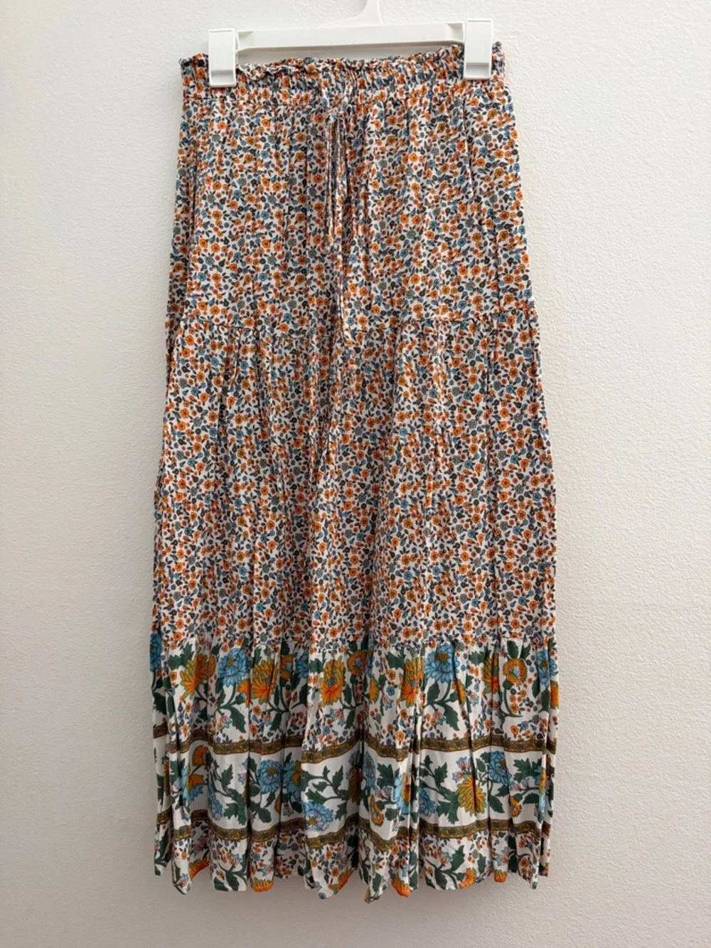 Boho Floral Tiered Maxi Skirt in White, Orange & Blue - Picture 1 of 4